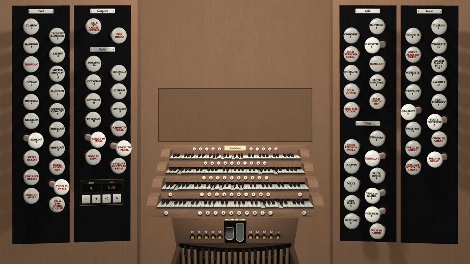 A four-manual console with black drawstop jambs