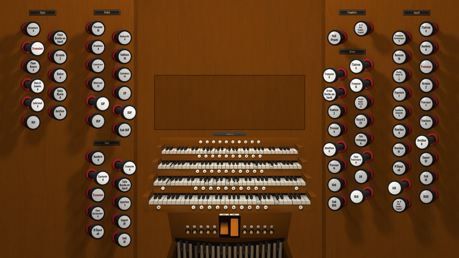 A four-manual console with drawstops either side