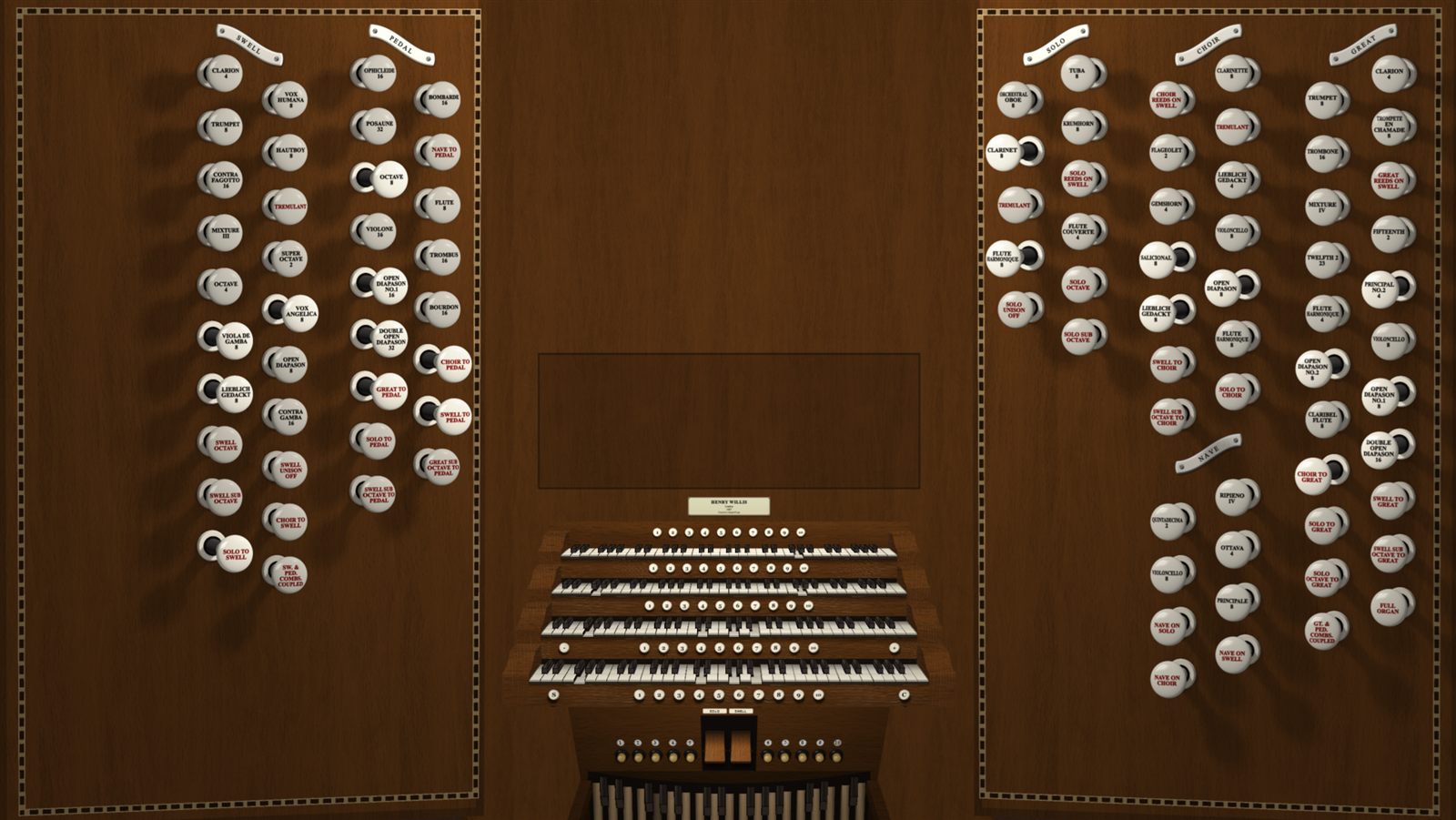 A four-manual console with drawstop jambs