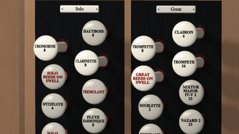 Close-up of drawstops on the Solo and Great jambs