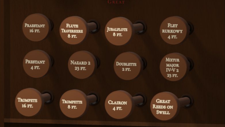 Close-up of drawstops for the Great