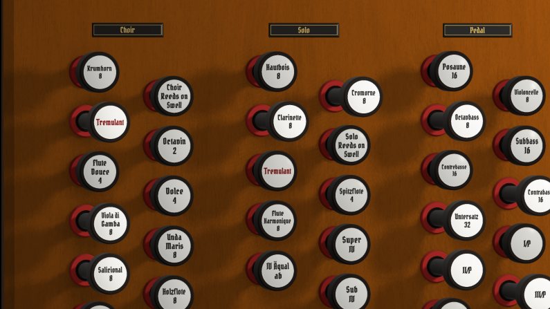 Close-up of drawstops for Choir, Solo and Pedal