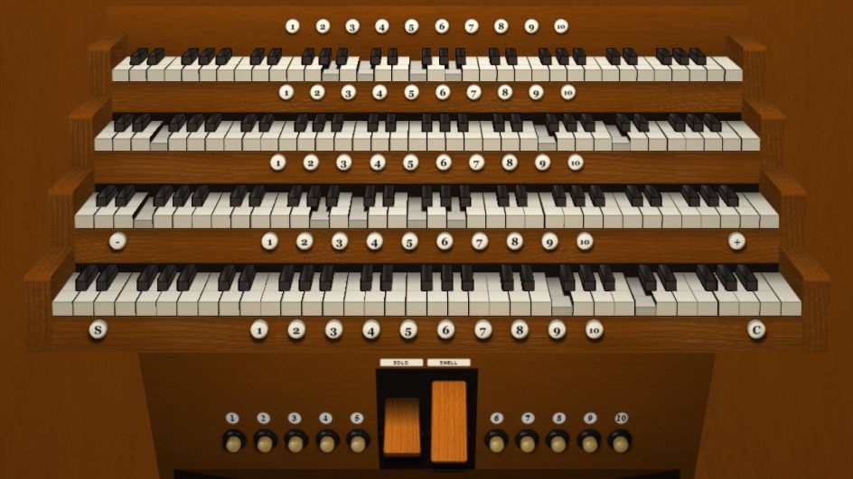 Four manuals with thumb pistons, expression pedals and toe pistons
